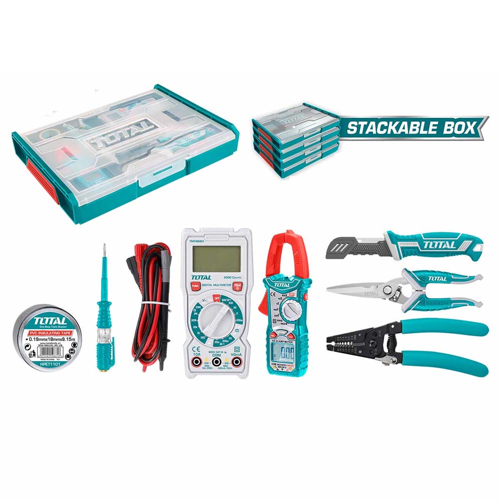 Boîte À Outils 7Pcs Avec Multimètre Et Pince Ampèremétrique Et Coffret Empilable Total THKTV02T071