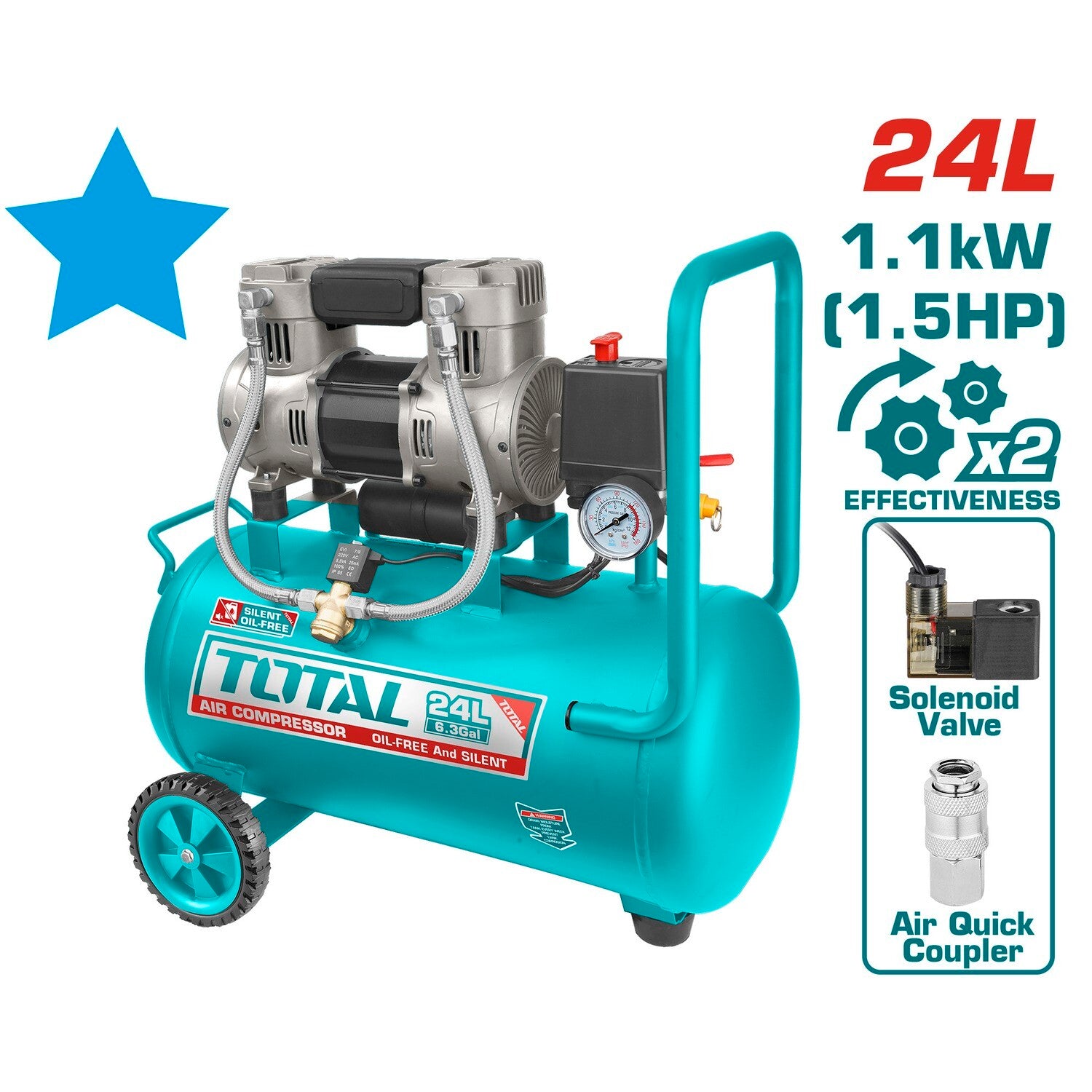 Compresseur d’air silencieux TOTAL TCS1110242 (24 L, 1100 W / 1,5 HP)