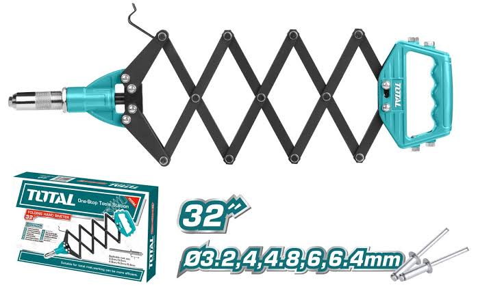 Riveteuse manuelle pliable de 815 mm avec corps en aluminium, compatible avec rivets de 3,2 à 6,4 mm TOTAL THT32321